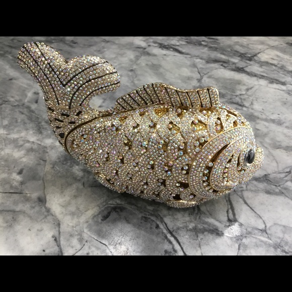 Swarovski Crystals Gold/Blk Fish Minaudiere Bag! - Picture 4 of 7